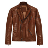 Brown Leather Asymmetric-Zip Belted-Hem Jacket