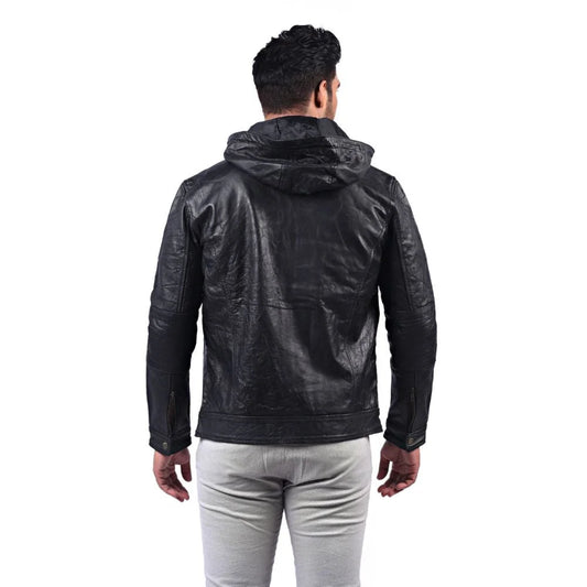 Men Black Hooded Leather Jacket