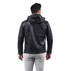 Men Black Hooded Leather Jacket
