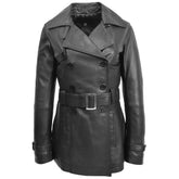 Black Leather Belted Trench Coat for Women