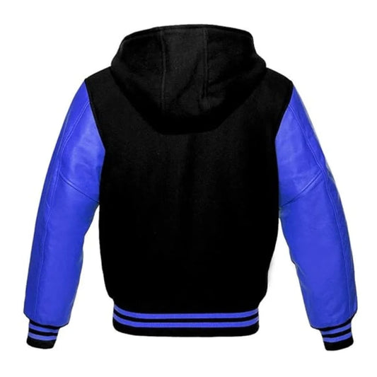 Men Black Varsity Jacket with Blue Leather Sleeves