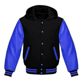 Men Black Varsity Jacket with Blue Leather Sleeves