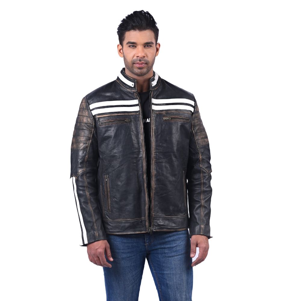 Black Leather Racing Jacket with White Stripes
