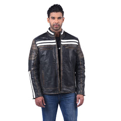 Black Leather Racing Jacket with White Stripes