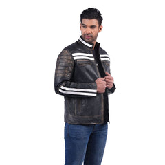 Black Leather Racing Jacket with White Stripes