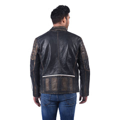 Black Leather Racing Jacket with White Stripes
