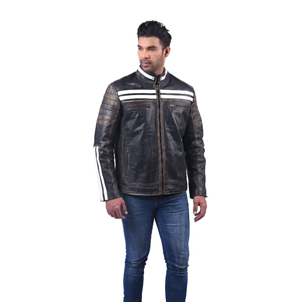 Black Leather Racing Jacket with White Stripes