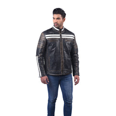 Black Leather Racing Jacket with White Stripes