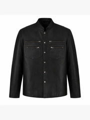 Black Leather Shirt Jacket for Men Front