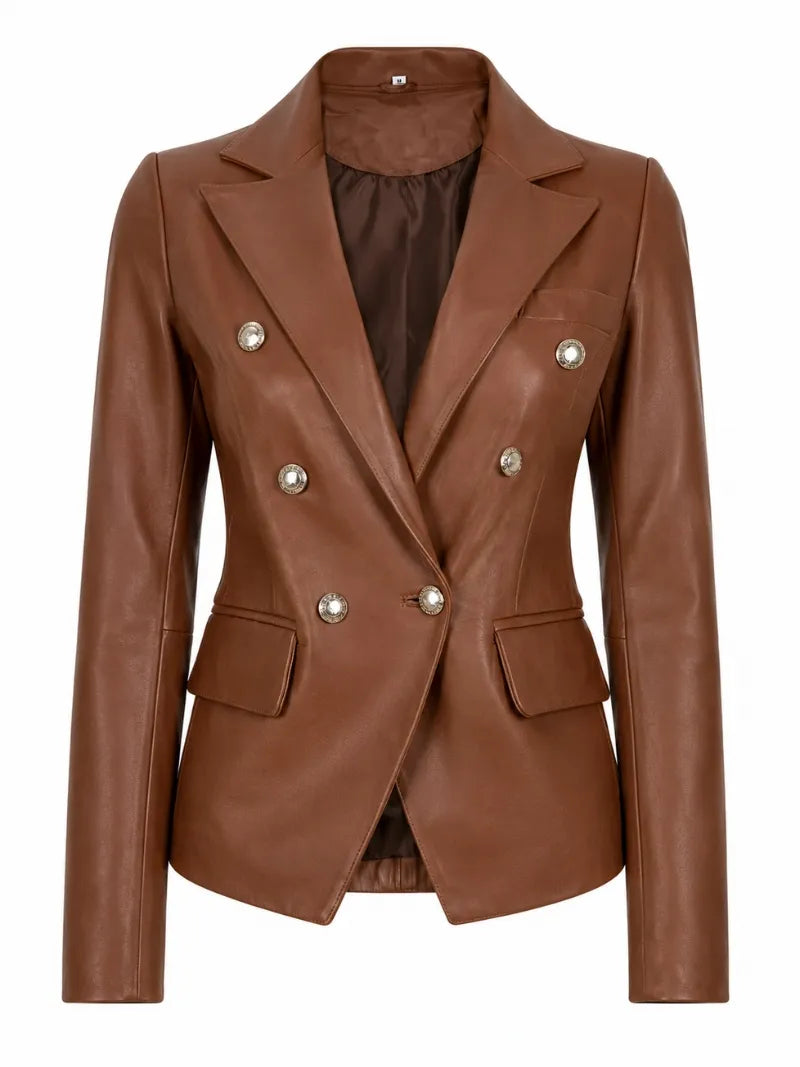Brown Leather Blazer for Women Front