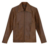 Classic Men’s Brown Leather Jacket Wide Collar