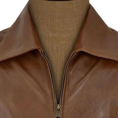 Classic Men’s Brown Leather Jacket Wide Collar