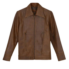 Classic Men’s Brown Leather Jacket Wide Collar