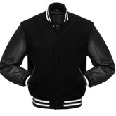 Men Classic Black Varsity Jacket with Leather Sleeves