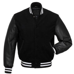 Men Classic Black Varsity Jacket with Leather Sleeves