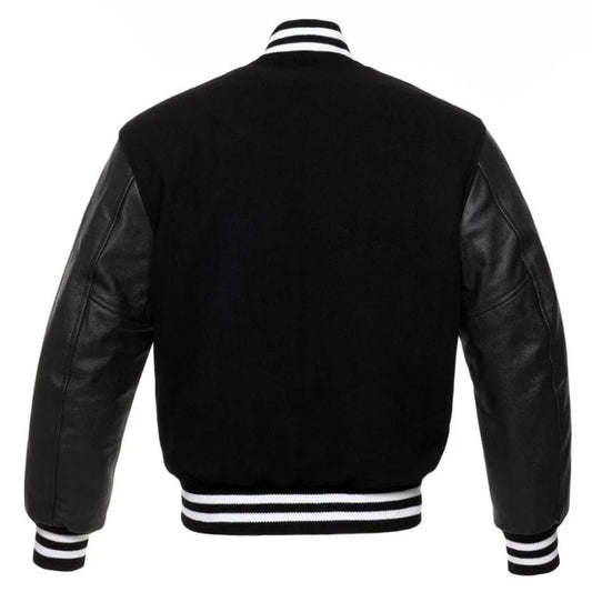 Men Classic Black Varsity Jacket with Leather Sleeves