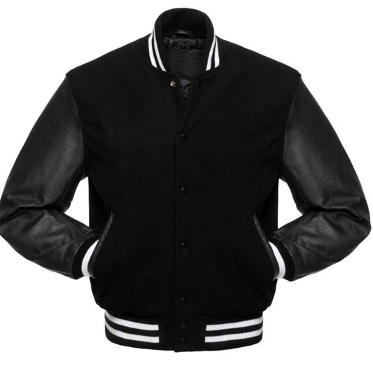 Men Classic Black Varsity Jacket with Leather Sleeves