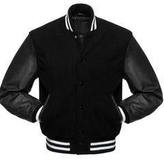 Men Classic Black Varsity Jacket with Leather Sleeves