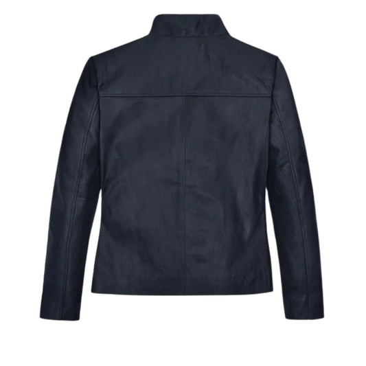 Elegant Navy Blue Slim Fit Leather Jacket for Women