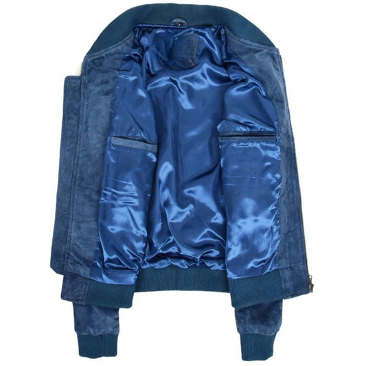 Men Blue Suede MA 1 Bomber Jacket