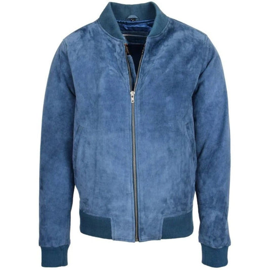 Men Blue Suede MA 1 Bomber Jacket