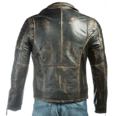 Men Asymmetric Zipper Black Vintage Biker Leather Jacket