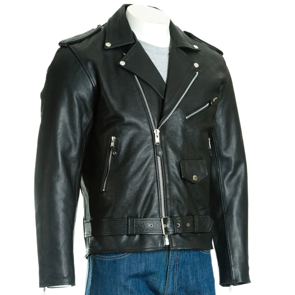 Men Black Classic Brando Biker Style Leather Jacket