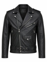 Men's Black Leather Biker Jacket with Snap-Tab Collar, front view