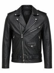 Men's Black Leather Biker Jacket with Snap-Tab Collar, front view