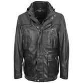 Men Black Leather Parka Detachable Hooded Coat