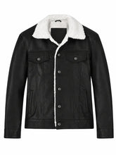 Men Black Shearling Collar Leather Jacket