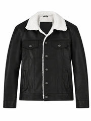 Men Black Shearling Collar Leather Jacket