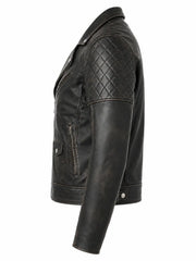 Men's Black Vintage Look Style Leather Jacket, collar detail
