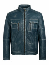 Men's Blue Vintage Style Leather Jacket, front view