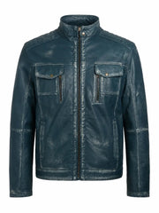 Men's Blue Vintage Style Leather Jacket, front view