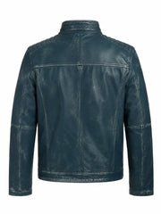 Men's Blue Vintage Style Leather Jacket, collar detail