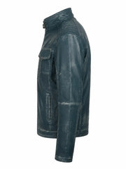 Men's Blue Vintage Style Leather Jacket, side view