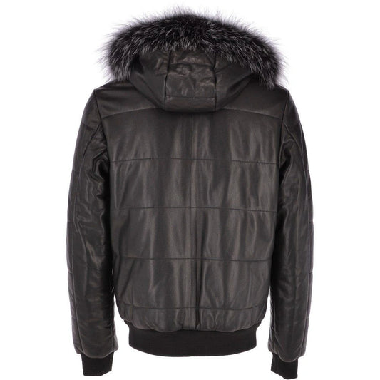 Men Estimo Black Leather Hooded Bomber Jacket