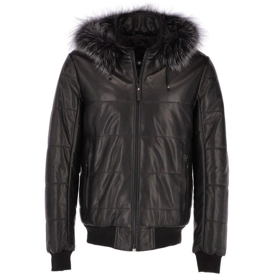 Men Estimo Black Leather Hooded Bomber Jacket