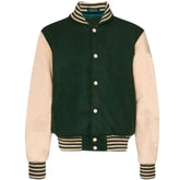 Men Green Beige Leather Sleeves Varsity Jacket
