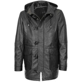 Men Hooded Black Leather Duffle Coat