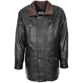 Men Leather Black Brown Trim Winter Coat