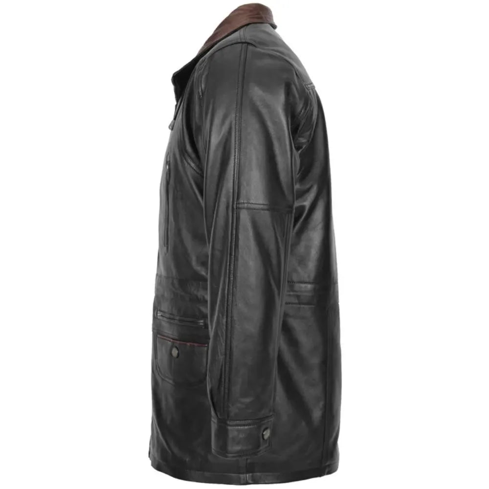Men Leather Black Brown Trim Winter Coat