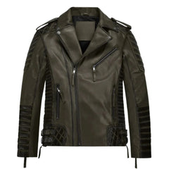 Men Olive Quilted Leather Jacket