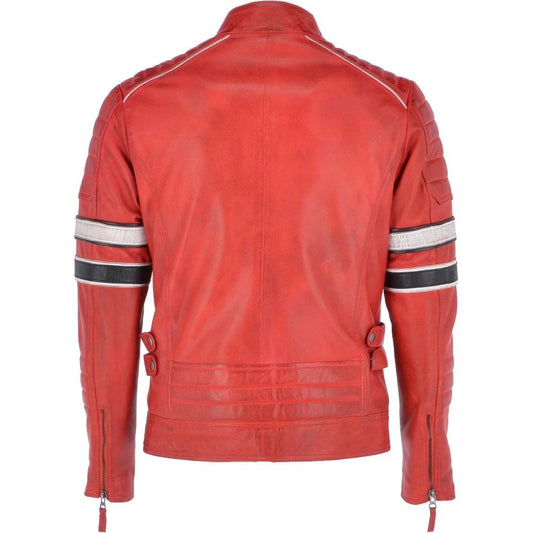 Men Red Striped Sleeves Leather Jacket