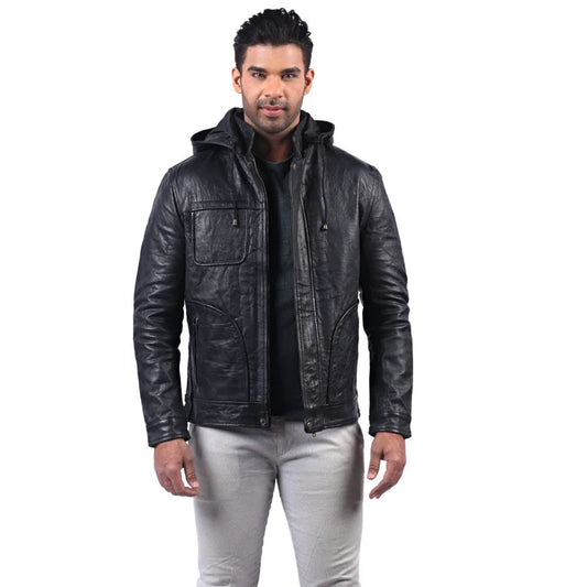 Men Black Hooded Leather Jacket