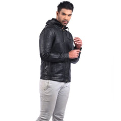 Men Black Hooded Leather Jacket