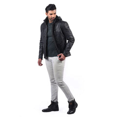 Men Black Hooded Leather Jacket