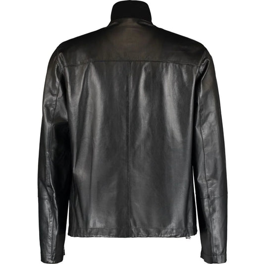 Men Black Leather High-Neck Jacket