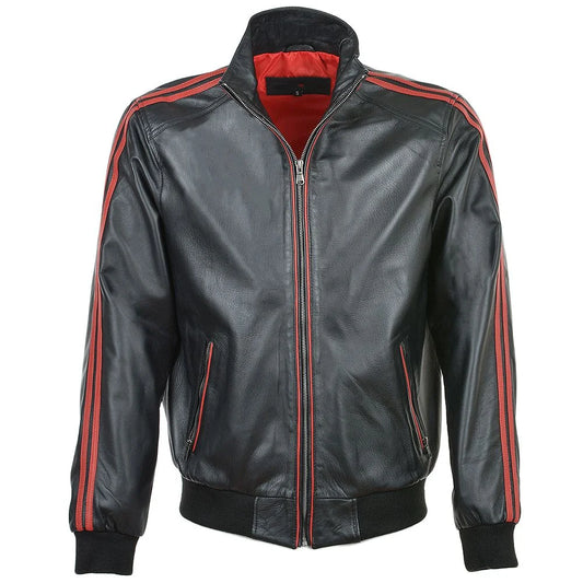 Men Black Leather Jacket with Red Stripes